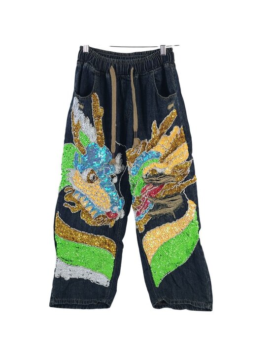 Kitmaple Denim - Kitmaple Dragon Sequin Embellished Denim Jogger Pants With Drawstring Waist